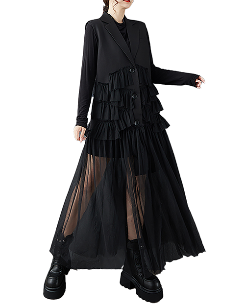 ellazhu Women's Dress Lapel Button Down Solid Long Mesh Sleeveless Plus Size Irregular Hem GZ712 Black