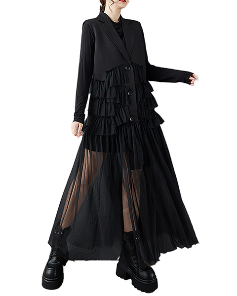 ellazhu Women's Dress Lapel Button Down Solid Long Mesh Sleeveless Plus Size Irregular Hem GZ712 Black