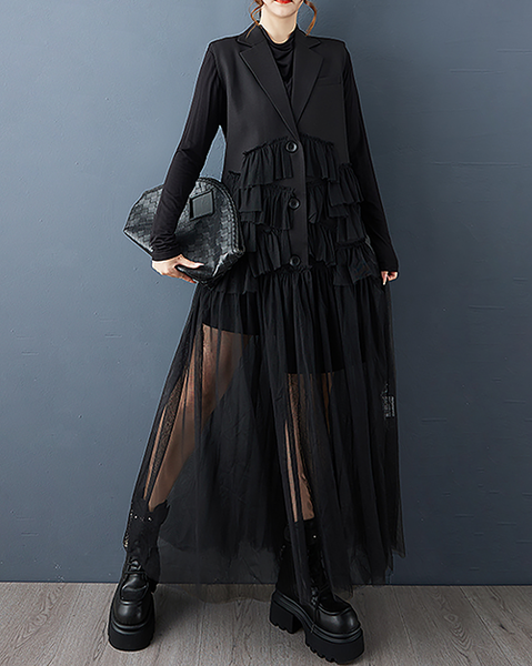 ellazhu Women's Dress Lapel Button Down Solid Long Mesh Sleeveless Plus Size Irregular Hem GZ712 Black