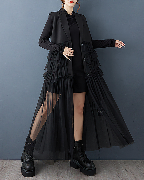 ellazhu Women's Dress Lapel Button Down Solid Long Mesh Sleeveless Plus Size Irregular Hem GZ712 Black