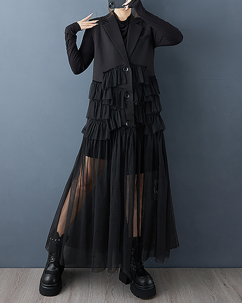 ellazhu Women's Dress Lapel Button Down Solid Long Mesh Sleeveless Plus Size Irregular Hem GZ712 Black