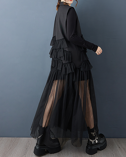 ellazhu Women's Dress Lapel Button Down Solid Long Mesh Sleeveless Plus Size Irregular Hem GZ712 Black