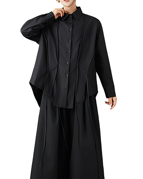 ellazhu Women's Shirt Lapel Button Down Long Sleeve Solid Irregular Hem Plus Size GZ713 Black
