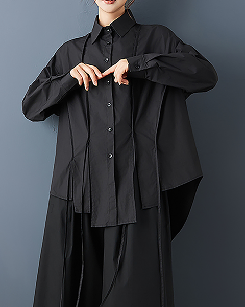 ellazhu Women's Shirt Lapel Button Down Long Sleeve Solid Irregular Hem Plus Size GZ713 Black