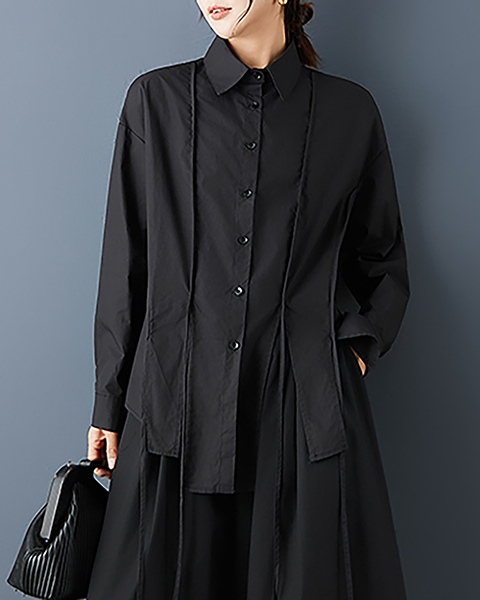 ellazhu Women's Shirt Lapel Button Down Long Sleeve Solid Irregular Hem Plus Size GZ713 Black