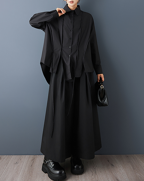 ellazhu Women's Shirt Lapel Button Down Long Sleeve Solid Irregular Hem Plus Size GZ713 Black