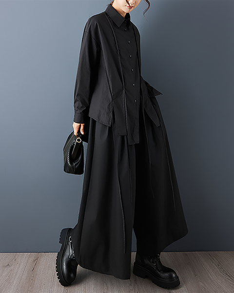 ellazhu Women's Shirt Lapel Button Down Long Sleeve Solid Irregular Hem Plus Size GZ713 Black