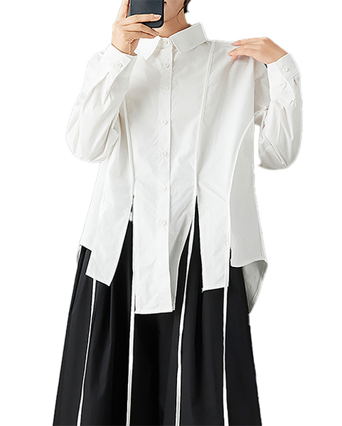 ellazhu Women's Shirt Lapel Button Down Long Sleeve Solid Irregular Hem Plus Size GZ713 Black