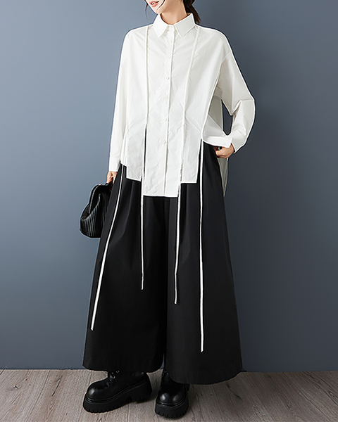 ellazhu Women's Shirt Lapel Button Down Long Sleeve Solid Irregular Hem Plus Size GZ713 Black