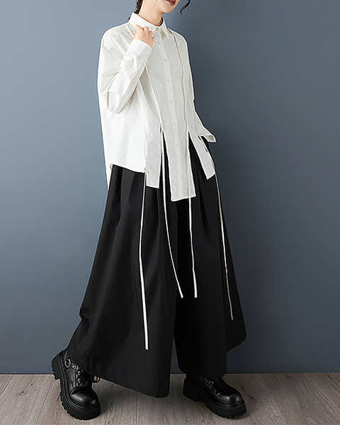 ellazhu Women's Shirt Lapel Button Down Long Sleeve Solid Irregular Hem Plus Size GZ713 Black