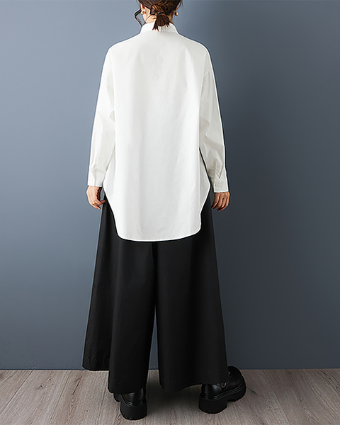 ellazhu Women's Shirt Lapel Button Down Long Sleeve Solid Irregular Hem Plus Size GZ713 Black