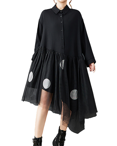 ellazhu Women's Dress Lapel Button Down Mesh Patchwork Long Sleeve Plus Size Irregular Hem GZ714 Black
