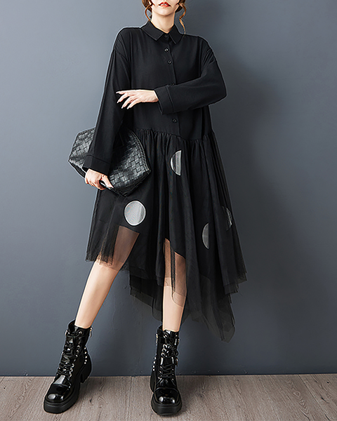ellazhu Women's Dress Lapel Button Down Mesh Patchwork Long Sleeve Plus Size Irregular Hem GZ714 Black
