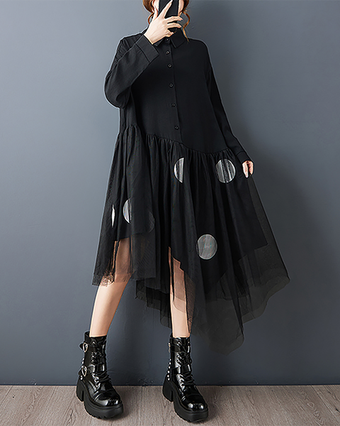 ellazhu Women's Dress Lapel Button Down Mesh Patchwork Long Sleeve Plus Size Irregular Hem GZ714 Black