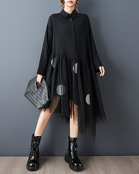 ellazhu Women's Dress Lapel Button Down Mesh Patchwork Long Sleeve Plus Size Irregular Hem GZ714 Black