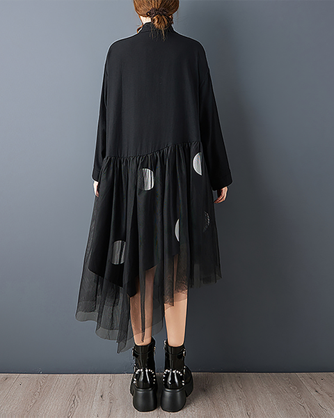 ellazhu Women's Dress Lapel Button Down Mesh Patchwork Long Sleeve Plus Size Irregular Hem GZ714 Black