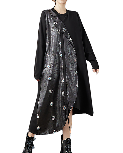 ellazhu Women's Dress Crew Neck Tie Waist Patchwork Long Sleeve Plus Size Irregular Hem Pockets GZ715 Black