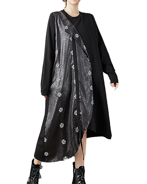 ellazhu Women's Dress Crew Neck Tie Waist Patchwork Long Sleeve Plus Size Irregular Hem Pockets GZ715 Black