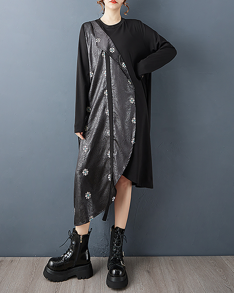 ellazhu Women's Dress Crew Neck Tie Waist Patchwork Long Sleeve Plus Size Irregular Hem Pockets GZ715 Black