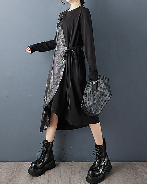 ellazhu Women's Dress Crew Neck Tie Waist Patchwork Long Sleeve Plus Size Irregular Hem Pockets GZ715 Black