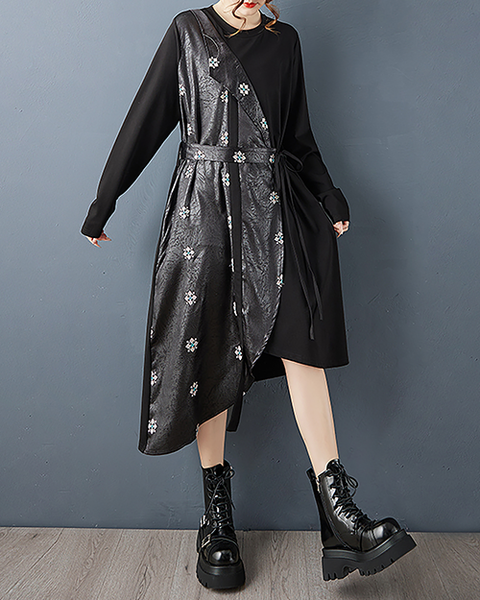 ellazhu Women's Dress Crew Neck Tie Waist Patchwork Long Sleeve Plus Size Irregular Hem Pockets GZ715 Black