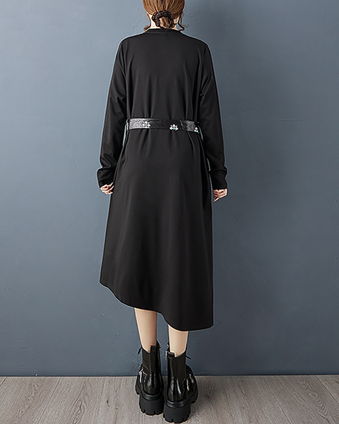 ellazhu Women's Dress Crew Neck Tie Waist Patchwork Long Sleeve Plus Size Irregular Hem Pockets GZ715 Black