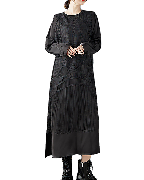 ellazhu Women's Dress Crew Neck Fringe Long Sleeve Solid Plus Size Split Hem GZ716 Black