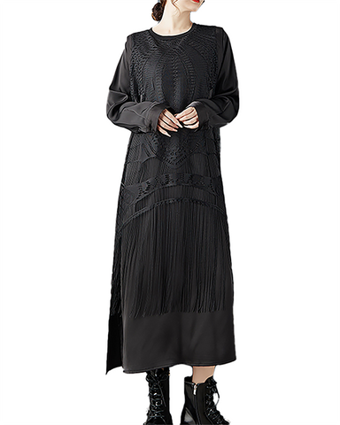 ellazhu Women's Dress Crew Neck Fringe Long Sleeve Solid Plus Size Split Hem GZ716 Black