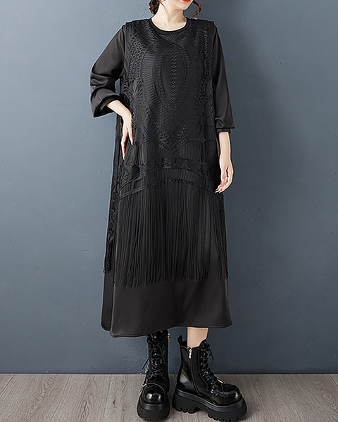 ellazhu Women's Dress Crew Neck Fringe Long Sleeve Solid Plus Size Split Hem GZ716 Black