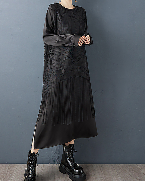 ellazhu Women's Dress Crew Neck Fringe Long Sleeve Solid Plus Size Split Hem GZ716 Black