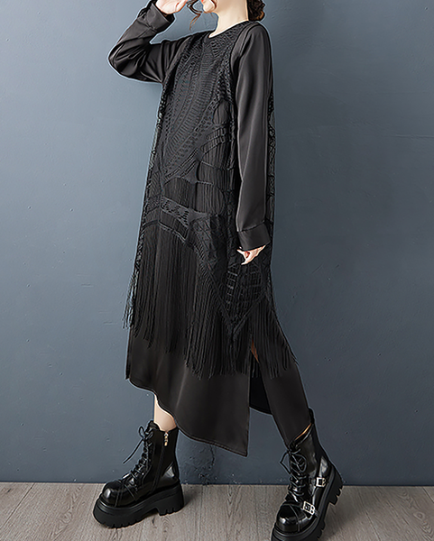 ellazhu Women's Dress Crew Neck Fringe Long Sleeve Solid Plus Size Split Hem GZ716 Black