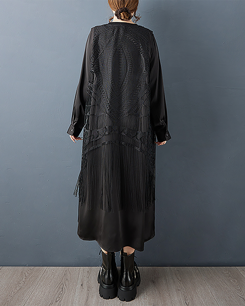 ellazhu Women's Dress Crew Neck Fringe Long Sleeve Solid Plus Size Split Hem GZ716 Black