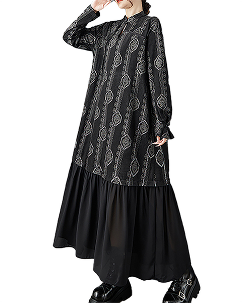 ellazhu Women's Dress Mock Neck Tie Waist Printed Long Sleeve Plus Size Maxi Hem Pockets GZ717 Black