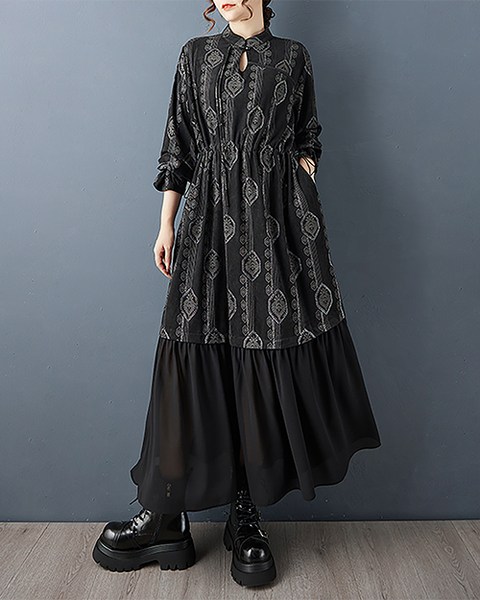 ellazhu Women's Dress Mock Neck Tie Waist Printed Long Sleeve Plus Size Maxi Hem Pockets GZ717 Black