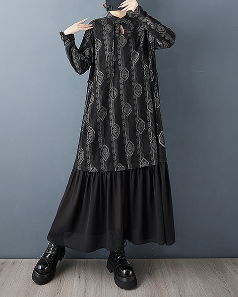 ellazhu Women's Dress Mock Neck Tie Waist Printed Long Sleeve Plus Size Maxi Hem Pockets GZ717 Black