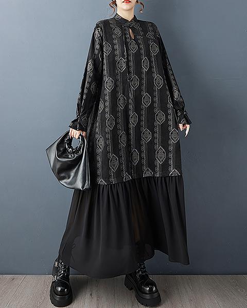 ellazhu Women's Dress Mock Neck Tie Waist Printed Long Sleeve Plus Size Maxi Hem Pockets GZ717 Black