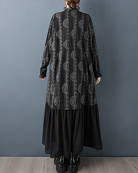 ellazhu Women's Dress Mock Neck Tie Waist Printed Long Sleeve Plus Size Maxi Hem Pockets GZ717 Black