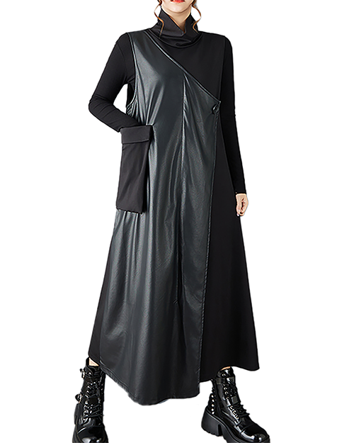 ellazhu Women's Dress Mock Neck Patchwork Sleeveless Plus Size Maxi Hem Pockets GZ718 Black