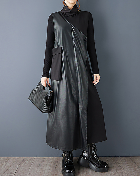 ellazhu Women's Dress Mock Neck Patchwork Sleeveless Plus Size Maxi Hem Pockets GZ718 Black