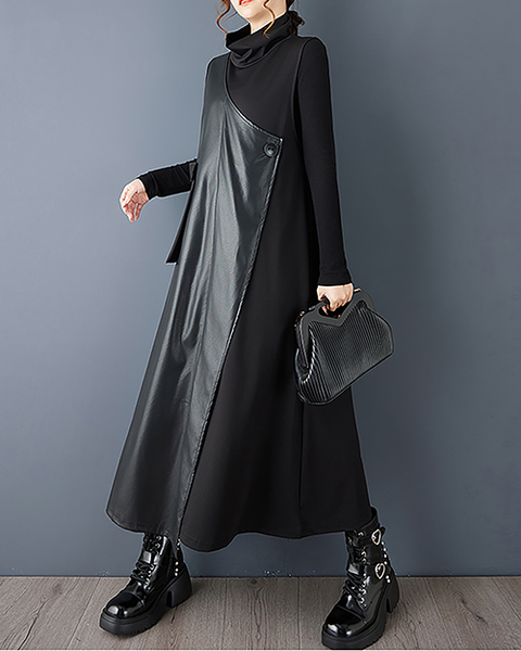 ellazhu Women's Dress Mock Neck Patchwork Sleeveless Plus Size Maxi Hem Pockets GZ718 Black