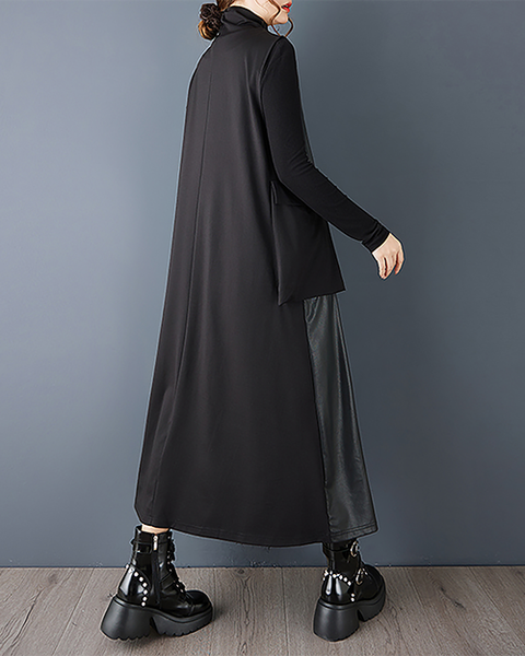 ellazhu Women's Dress Mock Neck Patchwork Sleeveless Plus Size Maxi Hem Pockets GZ718 Black