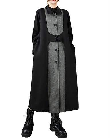 ellazhu Women's Coats Lapel Button Down Patchwork Long Sleeve Side Pockets Maxi Hem GZ719 Black