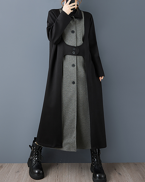 ellazhu Women's Coats Lapel Button Down Patchwork Long Sleeve Side Pockets Maxi Hem GZ719 Black