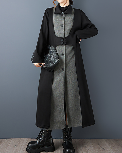 ellazhu Women's Coats Lapel Button Down Patchwork Long Sleeve Side Pockets Maxi Hem GZ719 Black