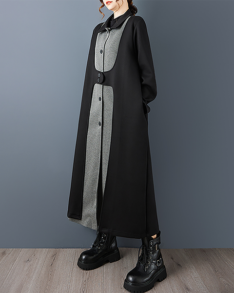 ellazhu Women's Coats Lapel Button Down Patchwork Long Sleeve Side Pockets Maxi Hem GZ719 Black