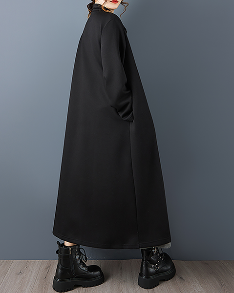 ellazhu Women's Coats Lapel Button Down Patchwork Long Sleeve Side Pockets Maxi Hem GZ719 Black