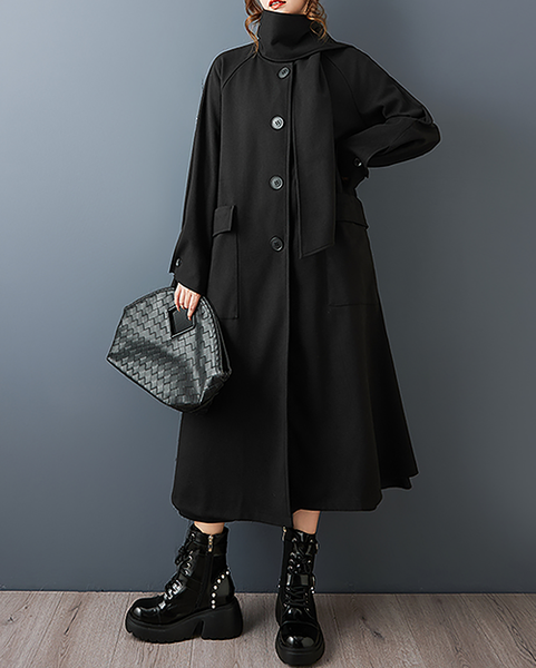 ellazhu Women's Coats Shawl Collar Button Down Solid Long Sleeve Side Pockets Maxi Hem GZ720 Black