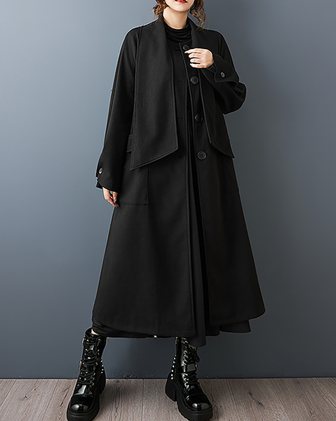 ellazhu Women's Coats Shawl Collar Button Down Solid Long Sleeve Side Pockets Maxi Hem GZ720 Black