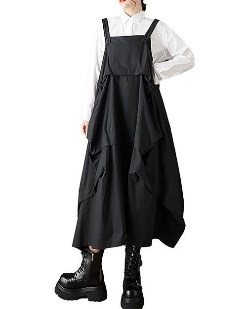 ellazhu Women's Dress Suspender Solid Sleeveless Plus Size A-line Maxi Hem Pockets GZ721 Black