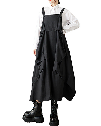 ellazhu Women's Dress Suspender Solid Sleeveless Plus Size A-line Maxi Hem Pockets GZ721 Black